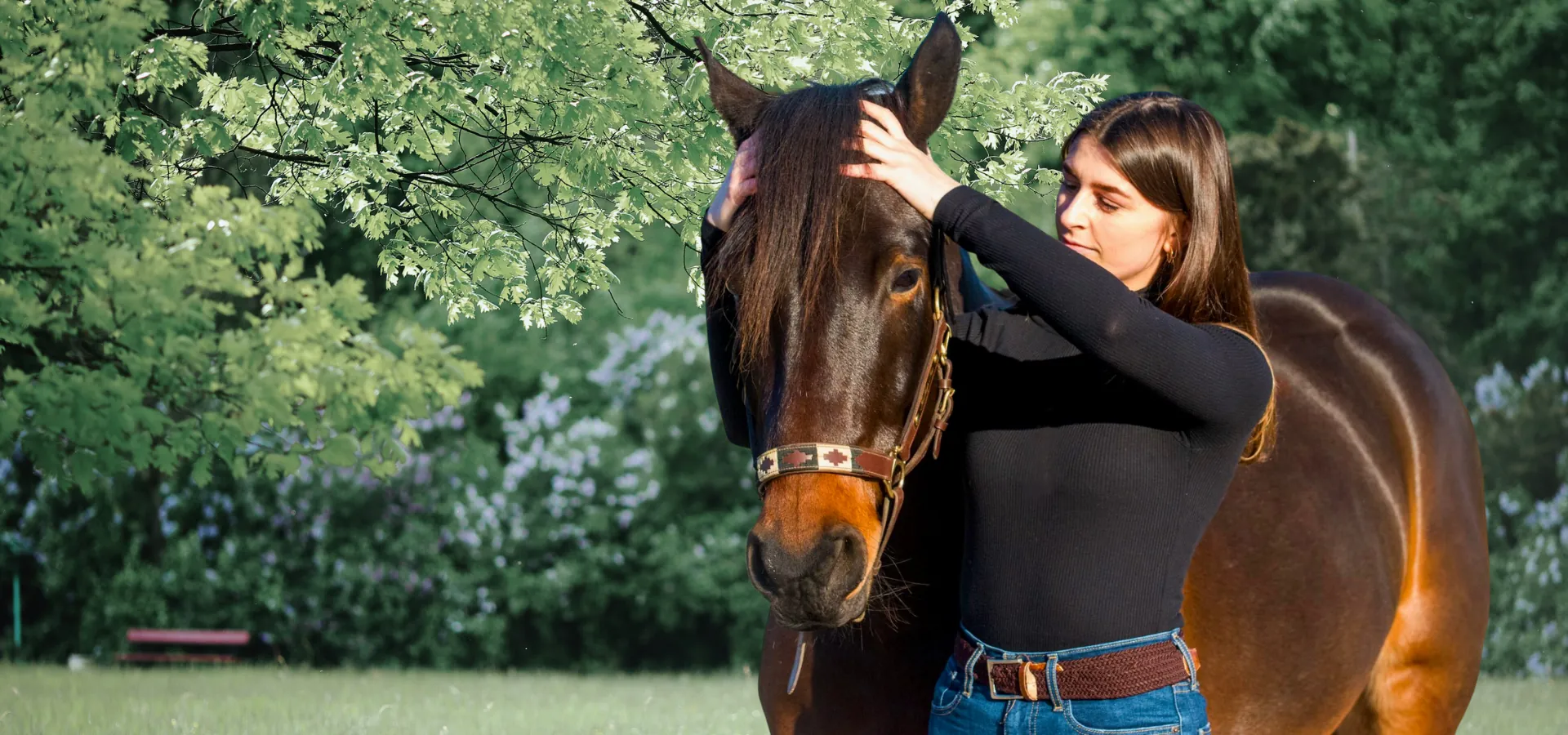 Laure Ligonnet, ostéopathe pour animaux, auprès d'un cheval bai dans un jardin